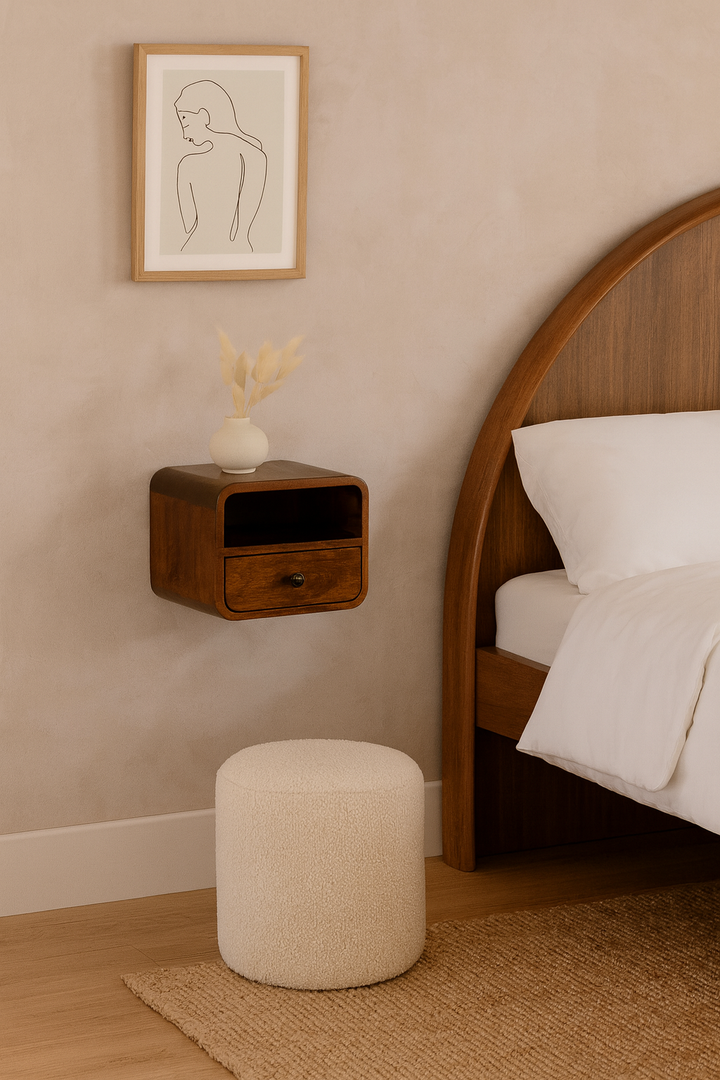 Extra Mini Wall Mounted Curved Chestnut Bedside with Open Slot
