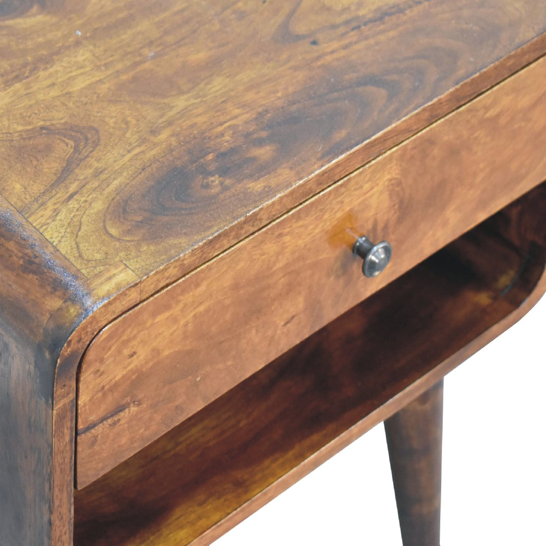 Curved Open-Slot Chestnut Bedside Table