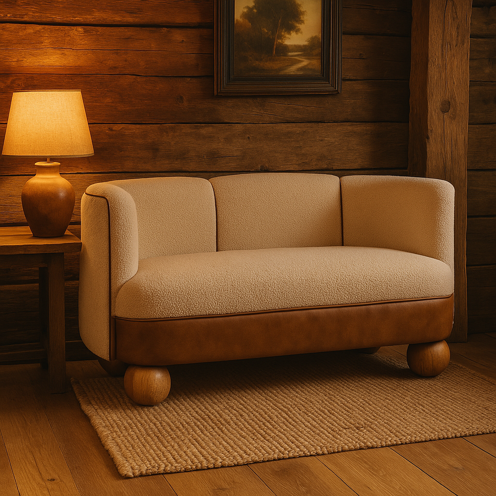 Boucle Cream Buffalo Small Sofa in rustic room - Smiddy Furniture