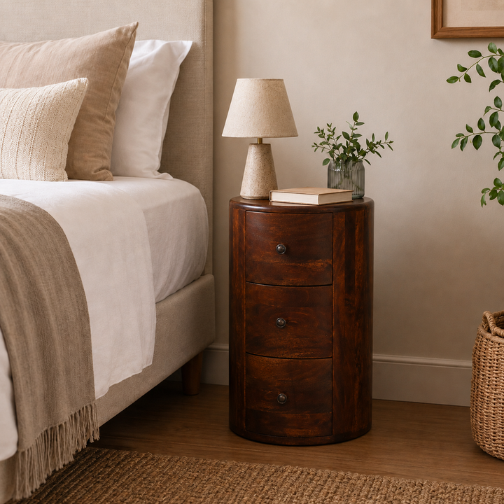 Chestnut Drum Chest in a styled bedroom setting