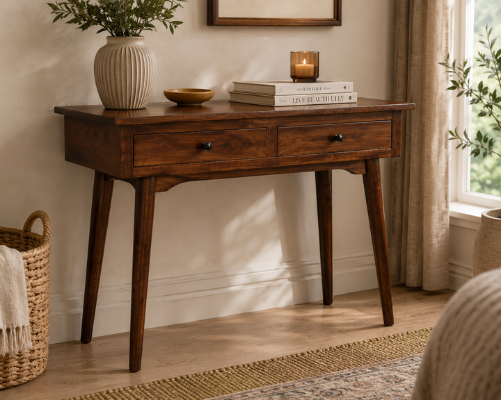 Chestnut Hallway 2 Drawer Console Table in a styled hallway setting