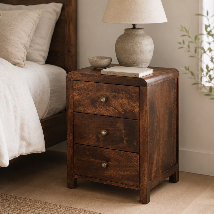 California Walnut Naya Bedside in a styled bedroom setting