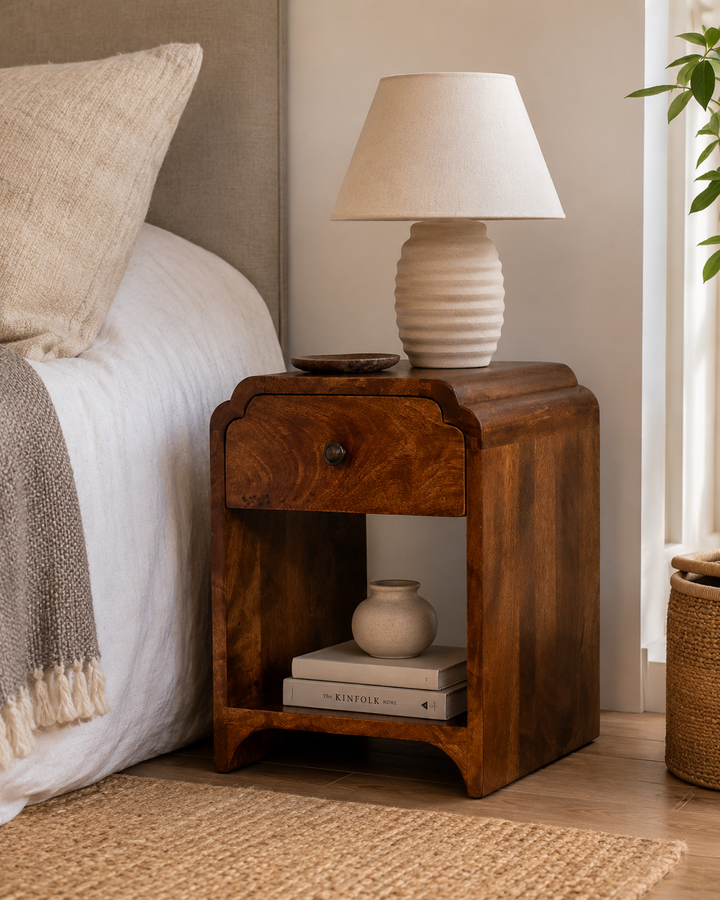 Newton Mini Chestnut Nightstand with a drawer and open shelf