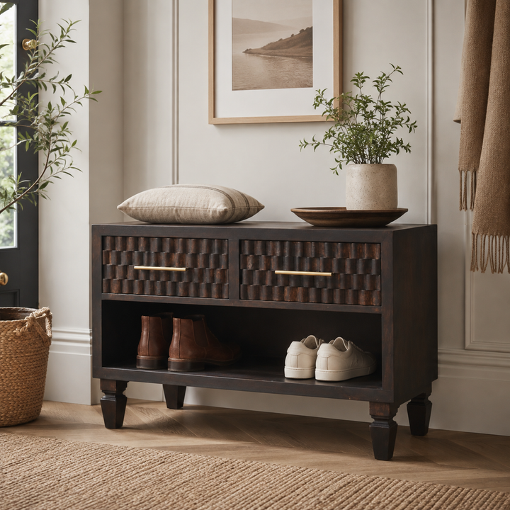 Cadiz Carved Shoe Storage Bench styled in a warm neutral hallway with shoes stored on the open shelf