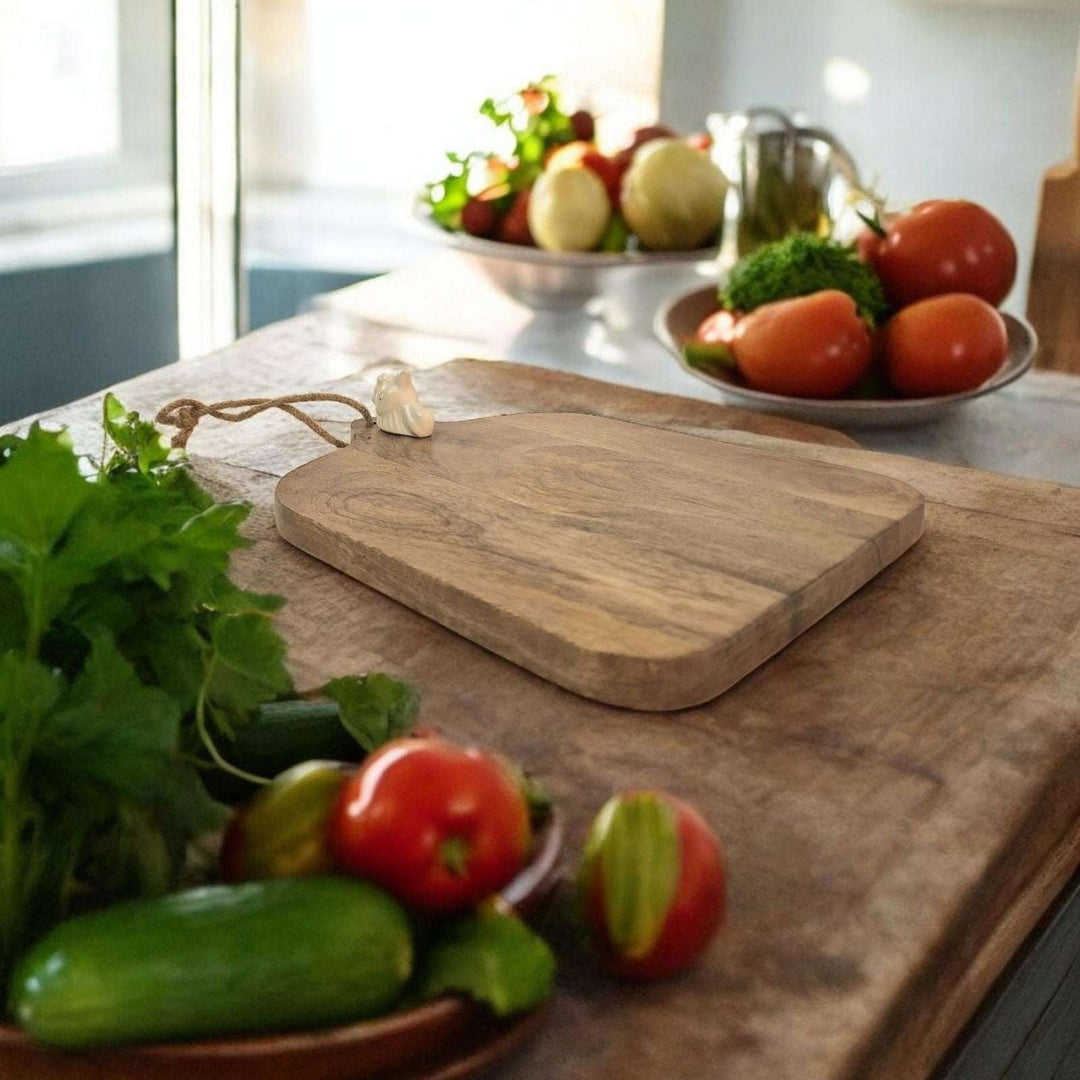 Small Mango Wood Chopping Board with Ceramic Chicken Head - Geko Products