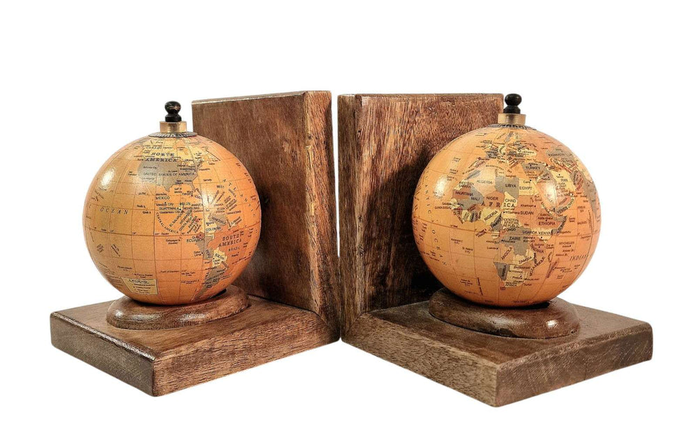 Pair of World Globe Bookends Set in Mango Wood - Geko Products