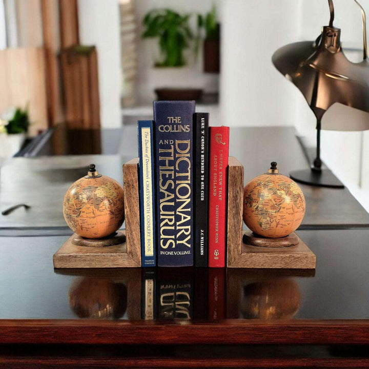 Pair of World Globe Bookends Set in Mango Wood - Geko Products