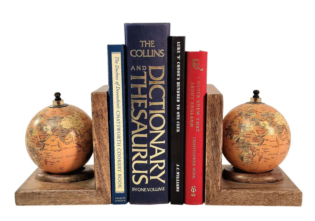 Pair of World Globe Bookends Set in Mango Wood - Geko Products