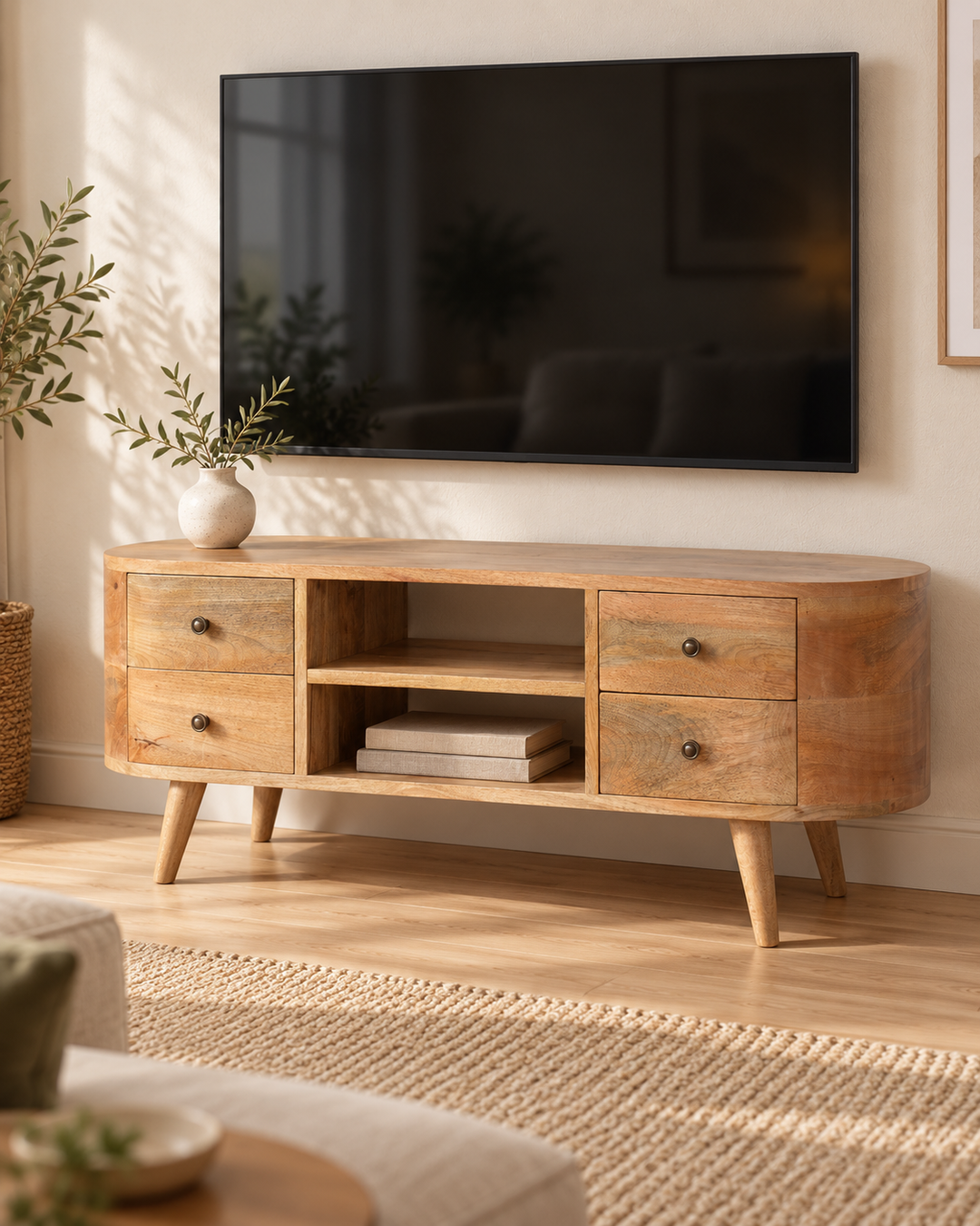 Rounded Entertainment Unit styled beneath a wall-mounted television in a light living room
