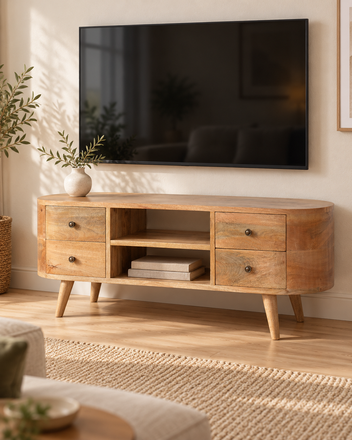 Rounded Entertainment Unit styled beneath a wall-mounted television in a light living room