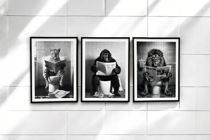 Set of 3 Animal's on the Toilet Framed Canvas 45x60cm - Geko Products