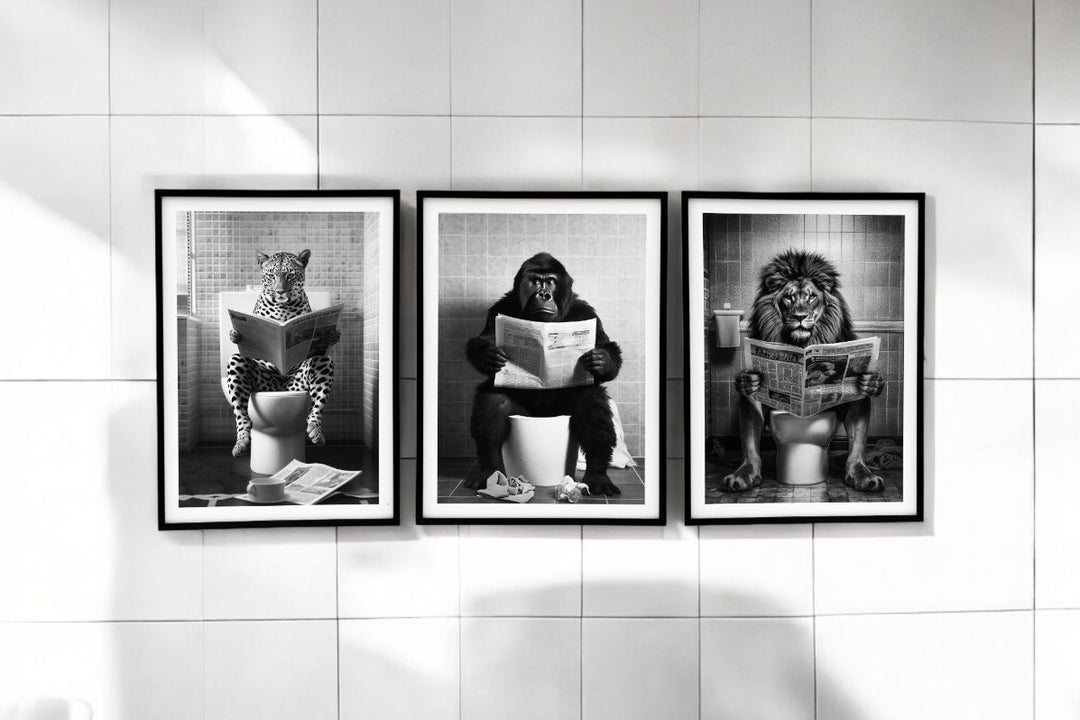 Set of 3 Animal's on the Toilet Framed Canvas 45x60cm - Geko Products