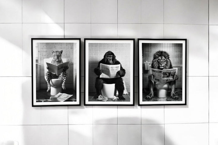 Set of 3 Animal's on the Toilet Framed Canvas 45x60cm - Geko Products