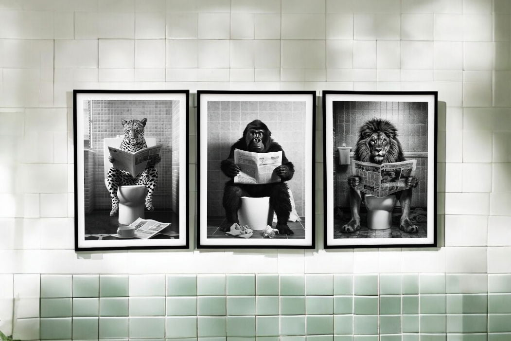 Set of 3 Animal's on the Toilet Framed Canvas 45x60cm - Geko Products