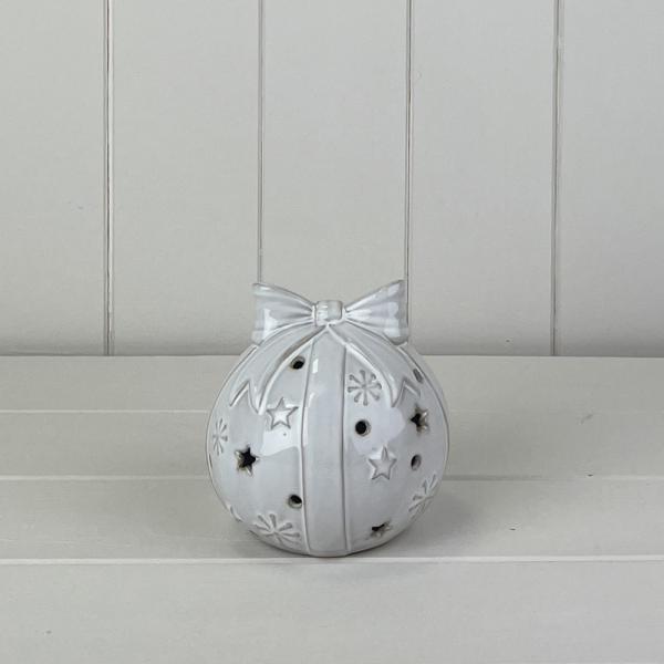 Glazed Ceramic LED Bauble with Bow &amp; Textured Detail