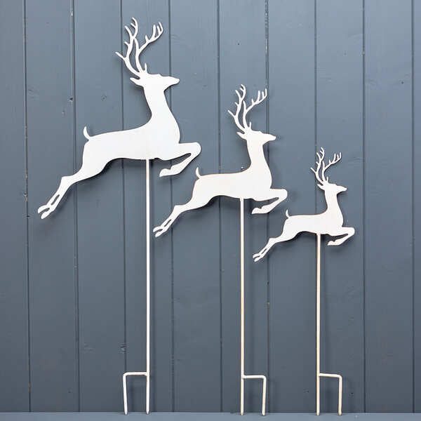 Set of 3 White Metal Reindeer Stakes