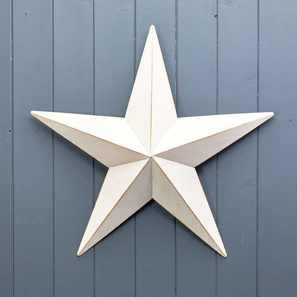 White five-point metal star decoration displayed against blue panelling