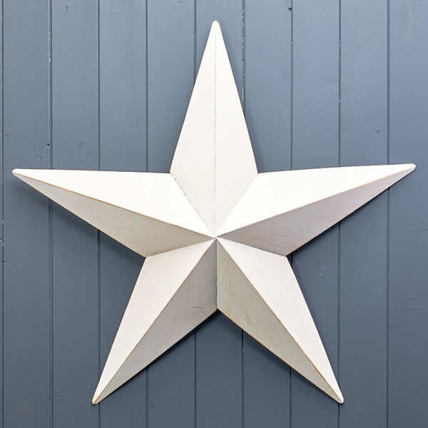 Large white five-point metal star decoration against blue panelling