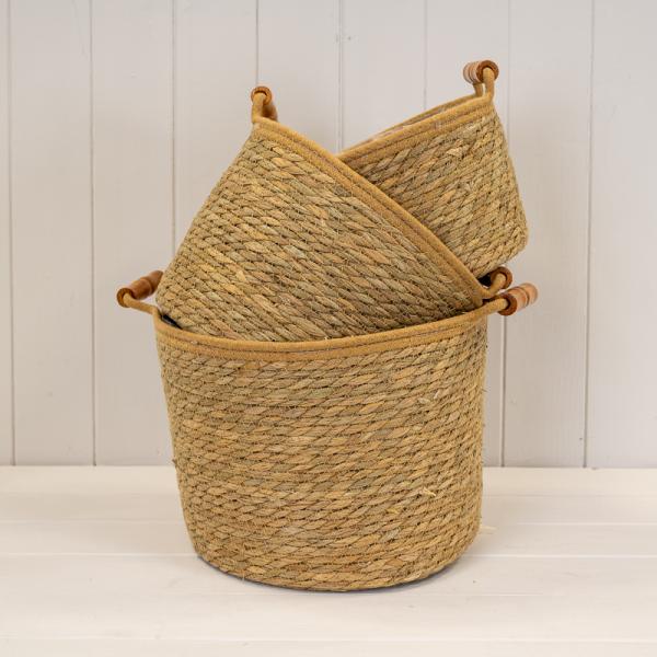 Set of 3 Natural Rope &amp; Grass Storage Basket L: M: S: