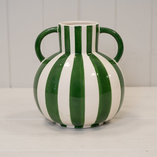 Green and White Striped Statement Vase