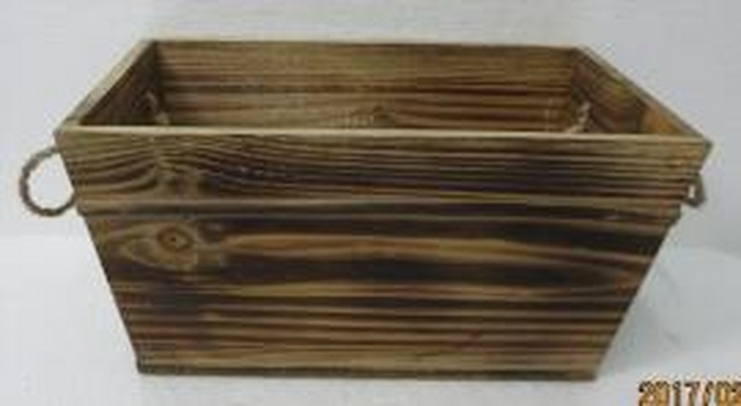 Rectangular Burntwood Trough with Wooden Beading &amp; Rope handles TD28x16cm H14cm B23.8x12.3cm
