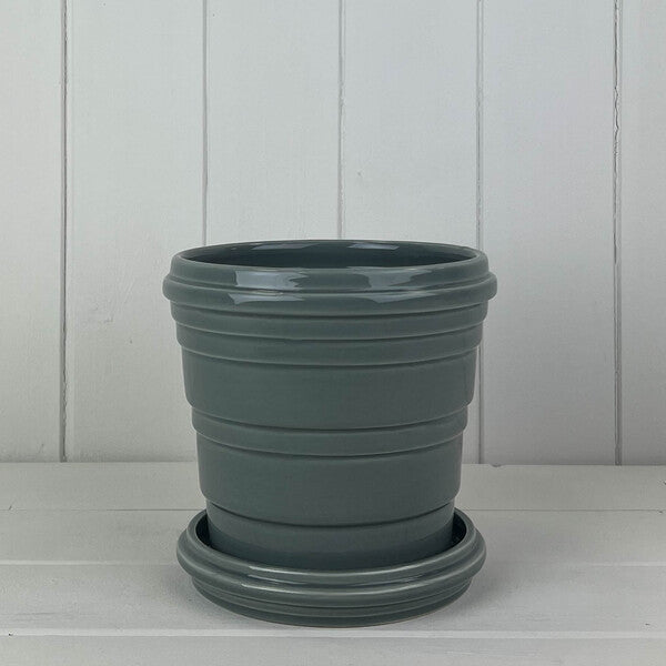 Grey Ribbed Ceramic Pot and Saucer 15cm