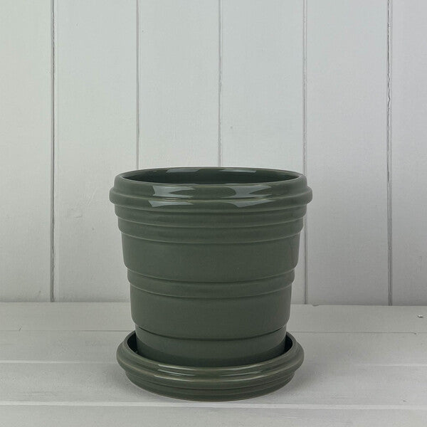 Sage Ribbed Ceramic Pot &amp; Saucer 15cm