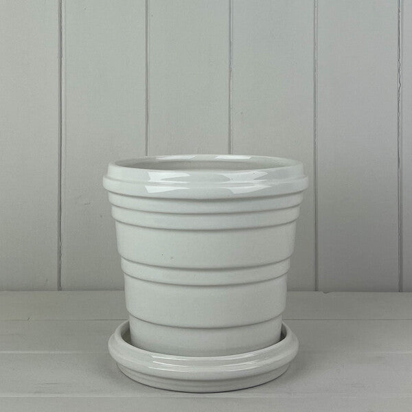 White Ribbed Ceramic Pot and Saucer 15cm