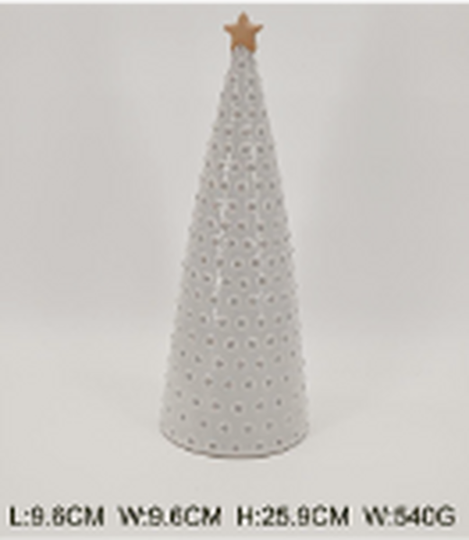 Reference image of medium white bobbin Christmas tree with dimensions printed below
