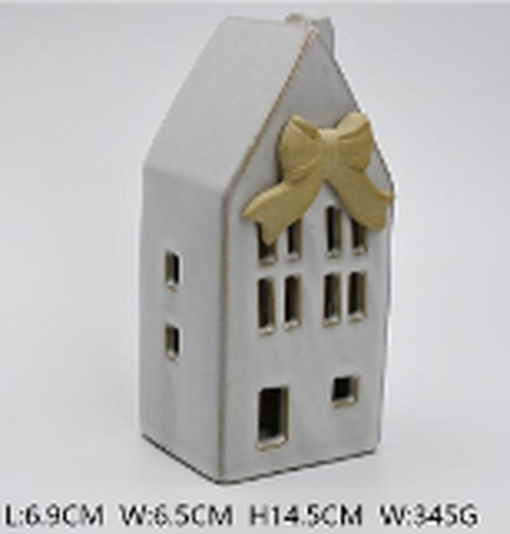 Small Ceramic LED House with Bow Details