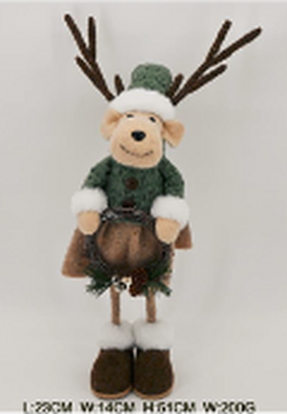 Front view of standing female felt elk ornament with product measurements