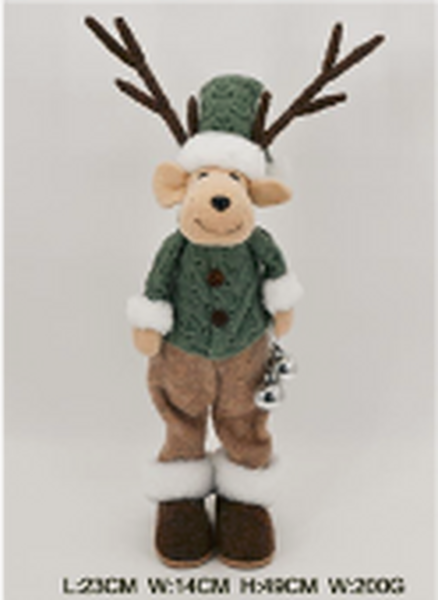 Front view of standing male felt elk ornament with product measurements