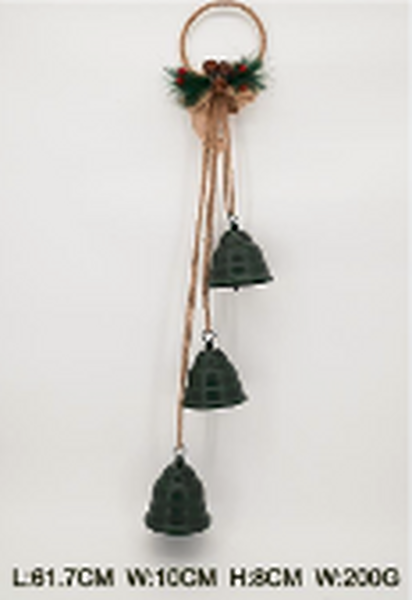 Hanging trio of green bells on a hoop with product measurements
