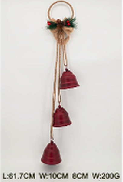 Hanging trio of red bells on a hoop with product measurements