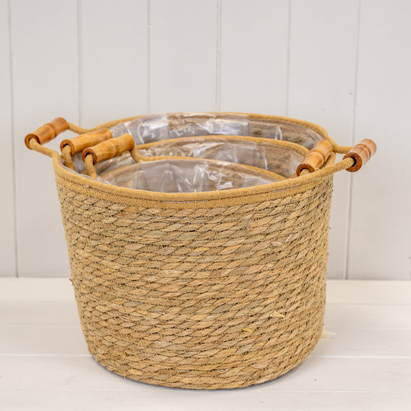 Set of 3 Natural Rope &amp; Grass Storage Basket L: M: S: