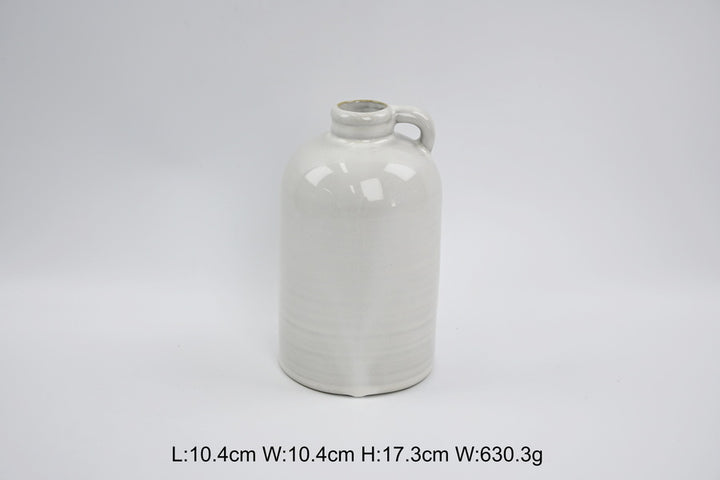 Short white jug-shaped vase with printed measurements