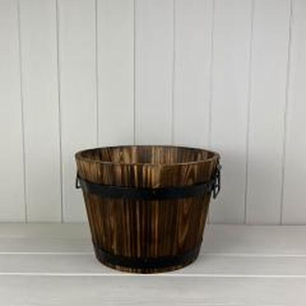 Burntwood Wooden Barrel Planter with Metal Handles and Drainage Hole