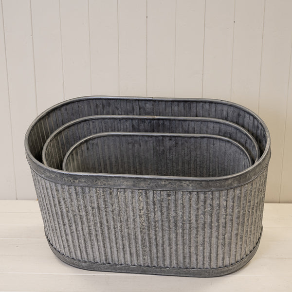 Set of 3 Ribbed Oval Galvanised Zinc Troughs TD59 x 32 cm
