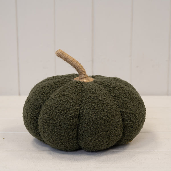 Large green boucle pumpkin ornament with segmented shape and fabric stalk
