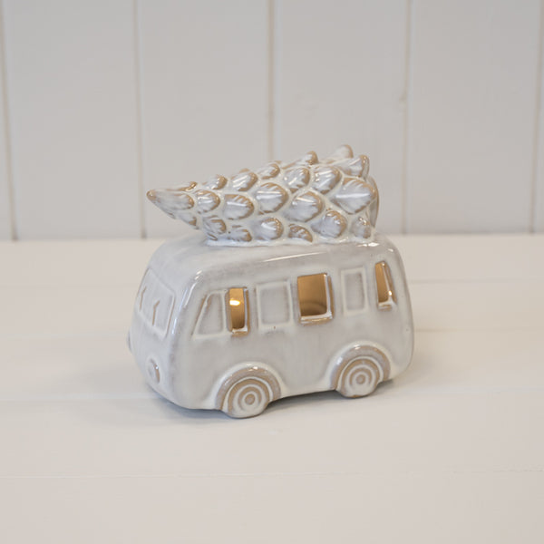 Ceramic Natural Camper Van with Christmas Tree on Roof