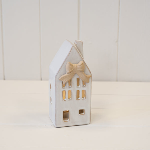 Small Ceramic LED House with Bow Details
