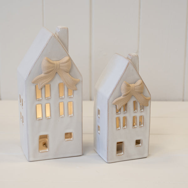 Small Ceramic LED House with Bow Details