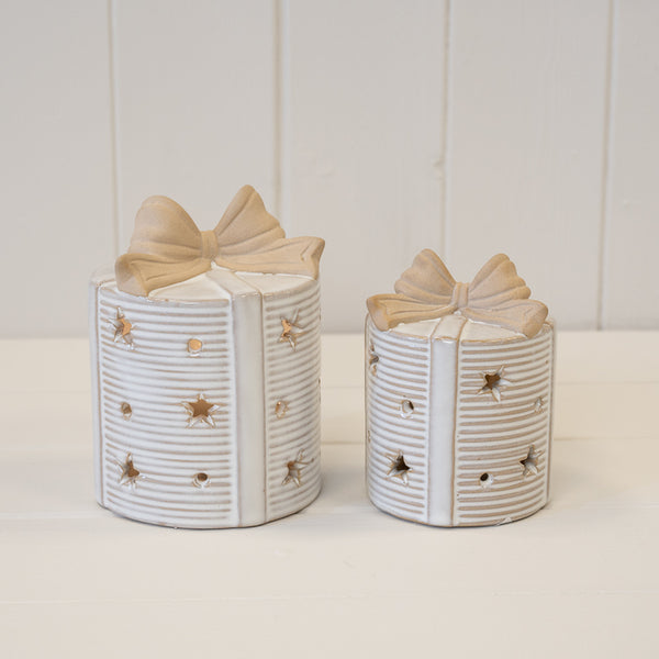 Large Ceramic LED Present with Bow Topper