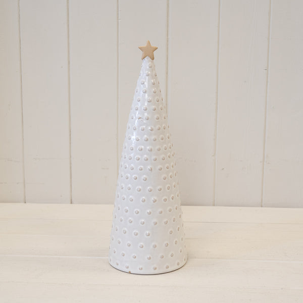 White bobbin-textured ceramic Christmas tree with a gold star