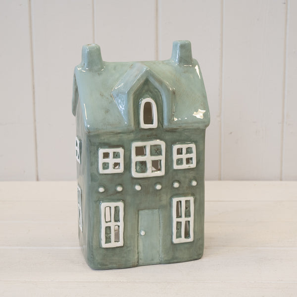 Large green ceramic house-shaped tealight holder