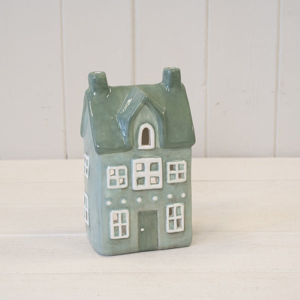 Green ceramic house-shaped tealight holder