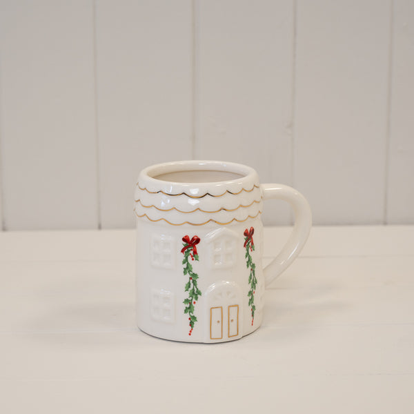 White Christmas house mug with red-bowed garlands