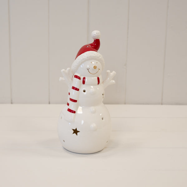 Large white LED snowman with a red hat and striped scarf