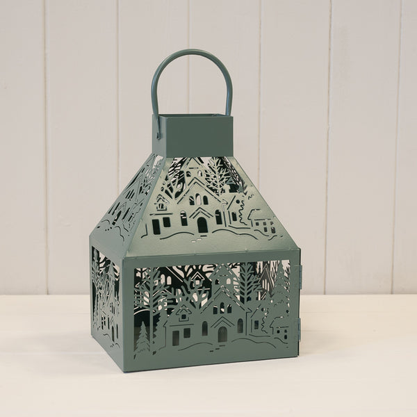Dark Sage Metal Lantern with Cut-Out Christmas Scene