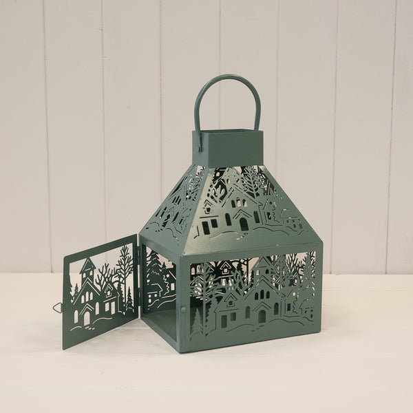 Dark Sage Metal Lantern with Cut-Out Christmas Scene